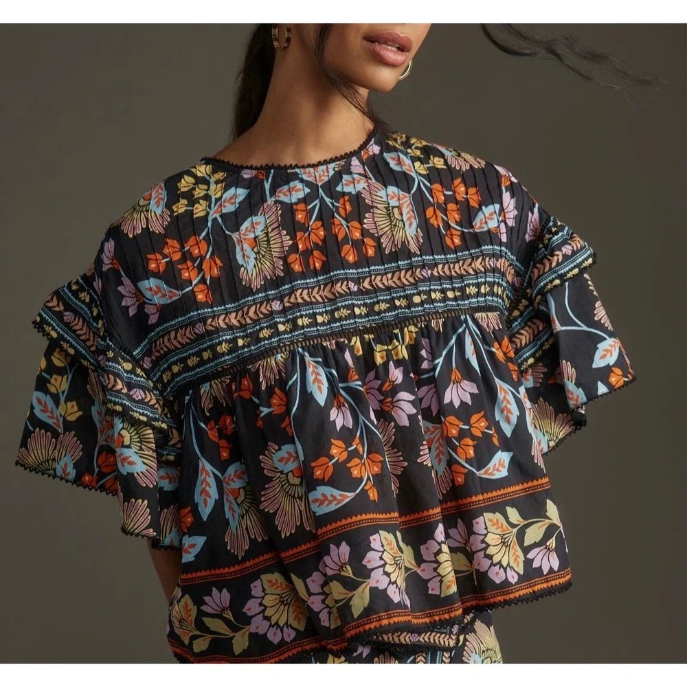 Farm Rio Blouse Top Short Sleeve Flowery Multicolor Medium - Picture 1 of 10